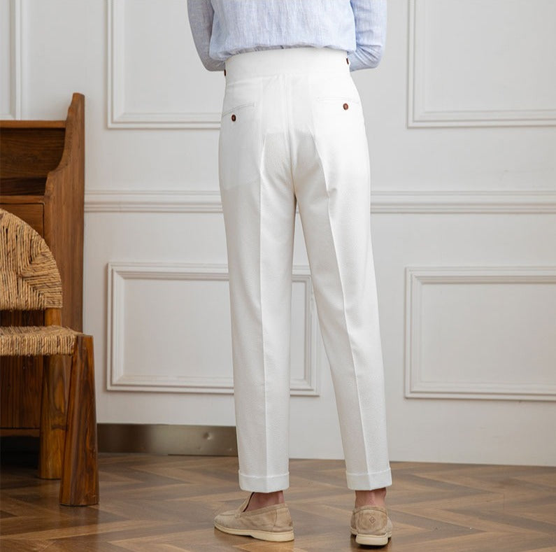 Straight Trousers with Double Pleats in Seersucker Moneglia