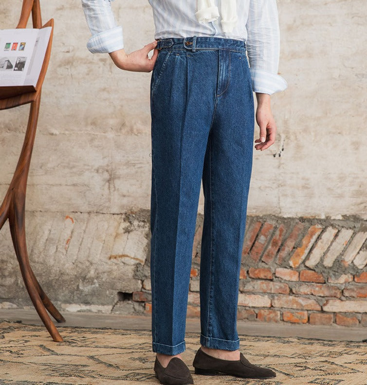 Straight Pleated Cotton Denim Trousers "Barcelona"