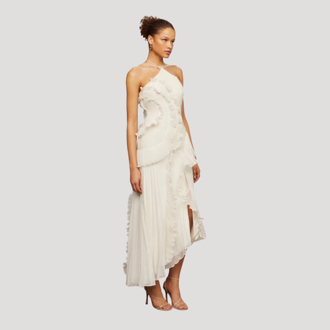 Women’s Elegant Occasion Halter Neck Frill Midi Dress