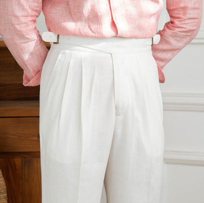 Monza Double Pleat Straight Leg Trousers in Linen Blend