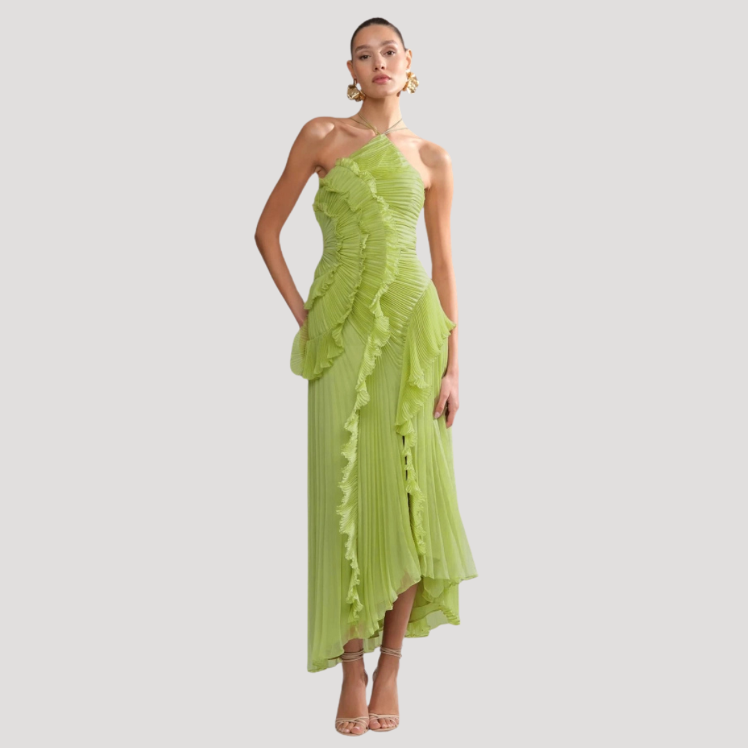 Women’s Elegant Occasion Halter Neck Frill Midi Dress