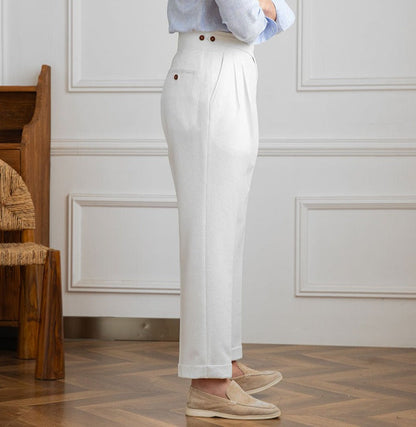 Straight Trousers with Double Pleats in Seersucker Moneglia