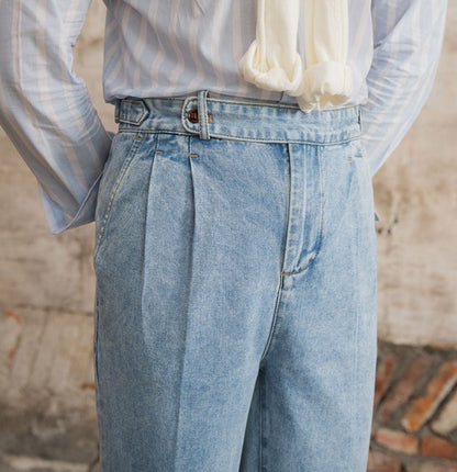Straight Pleated Cotton Denim Trousers "Barcelona"
