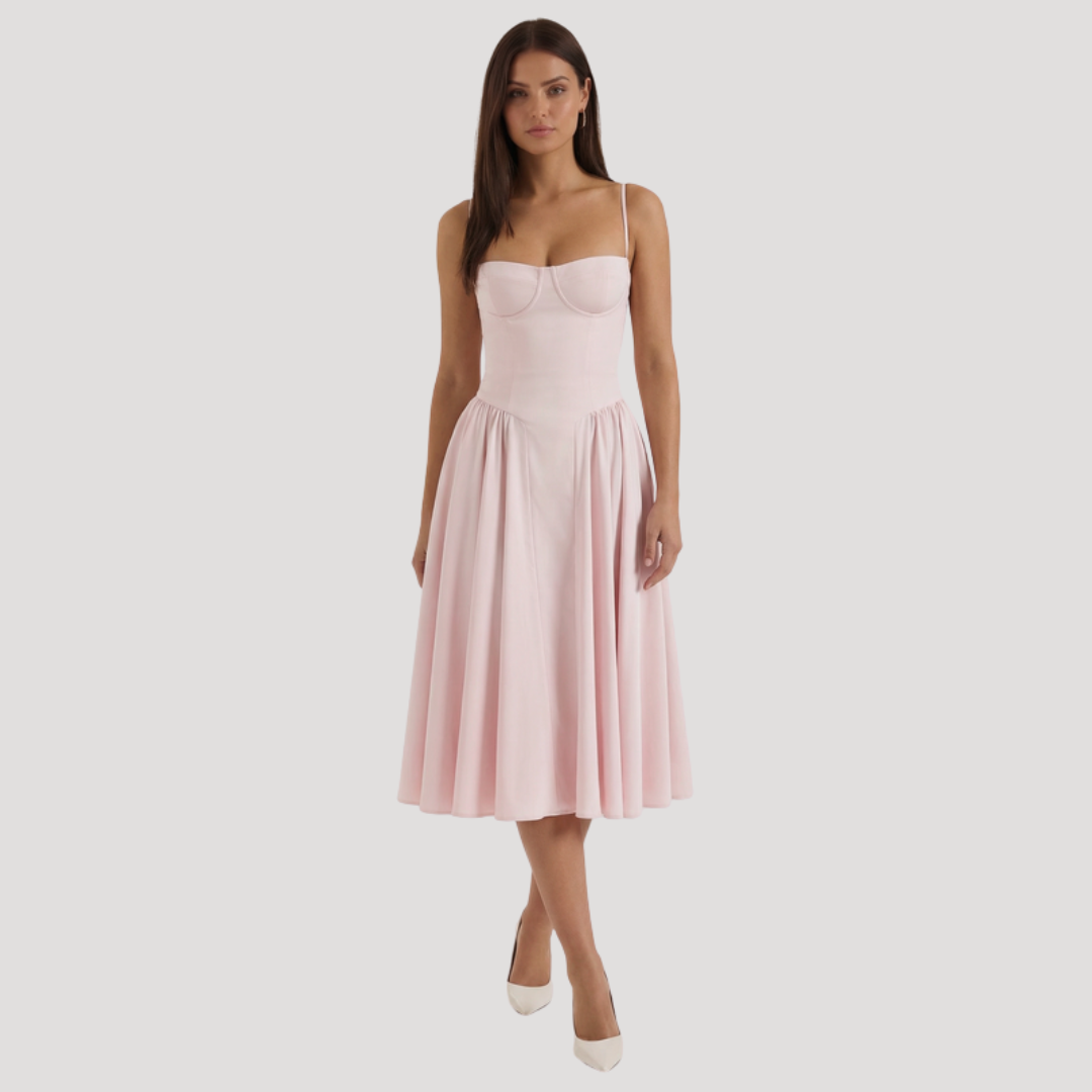 Floral Corset Midi Dress – Fitted Summer Party Dress