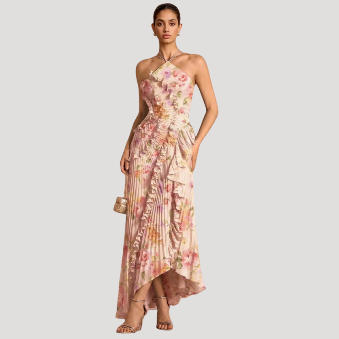 Women’s Elegant Occasion Halter Neck Frill Midi Dress