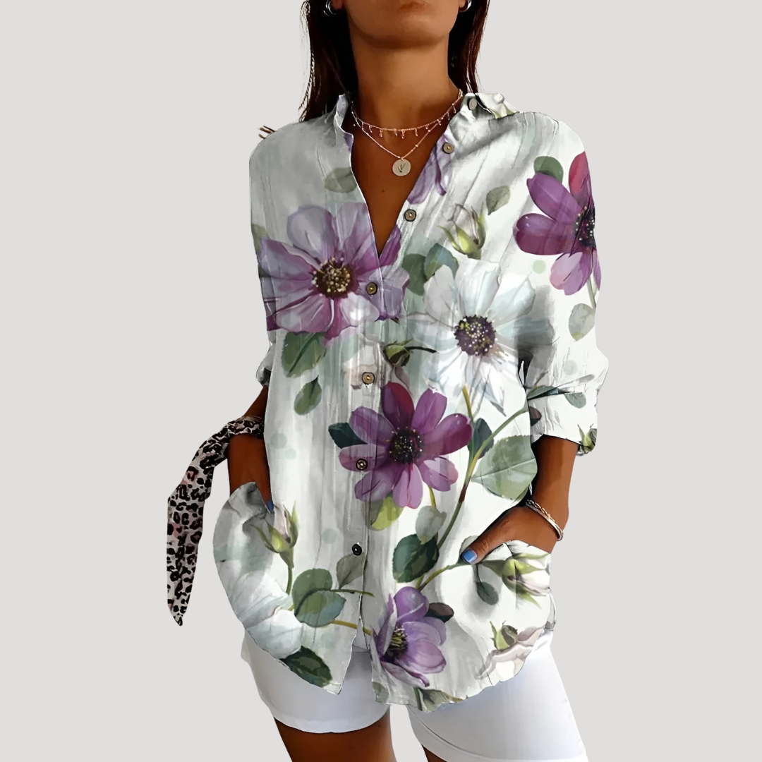 Women’s Summer Floral Print Button Front Blouse