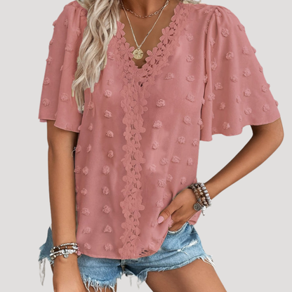 Women’s Elegant Short Sleeve Lace Summer V Neck Blouse