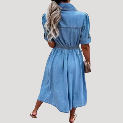 Denim Button-Down Midi Shirt Dress with Elastic Waist