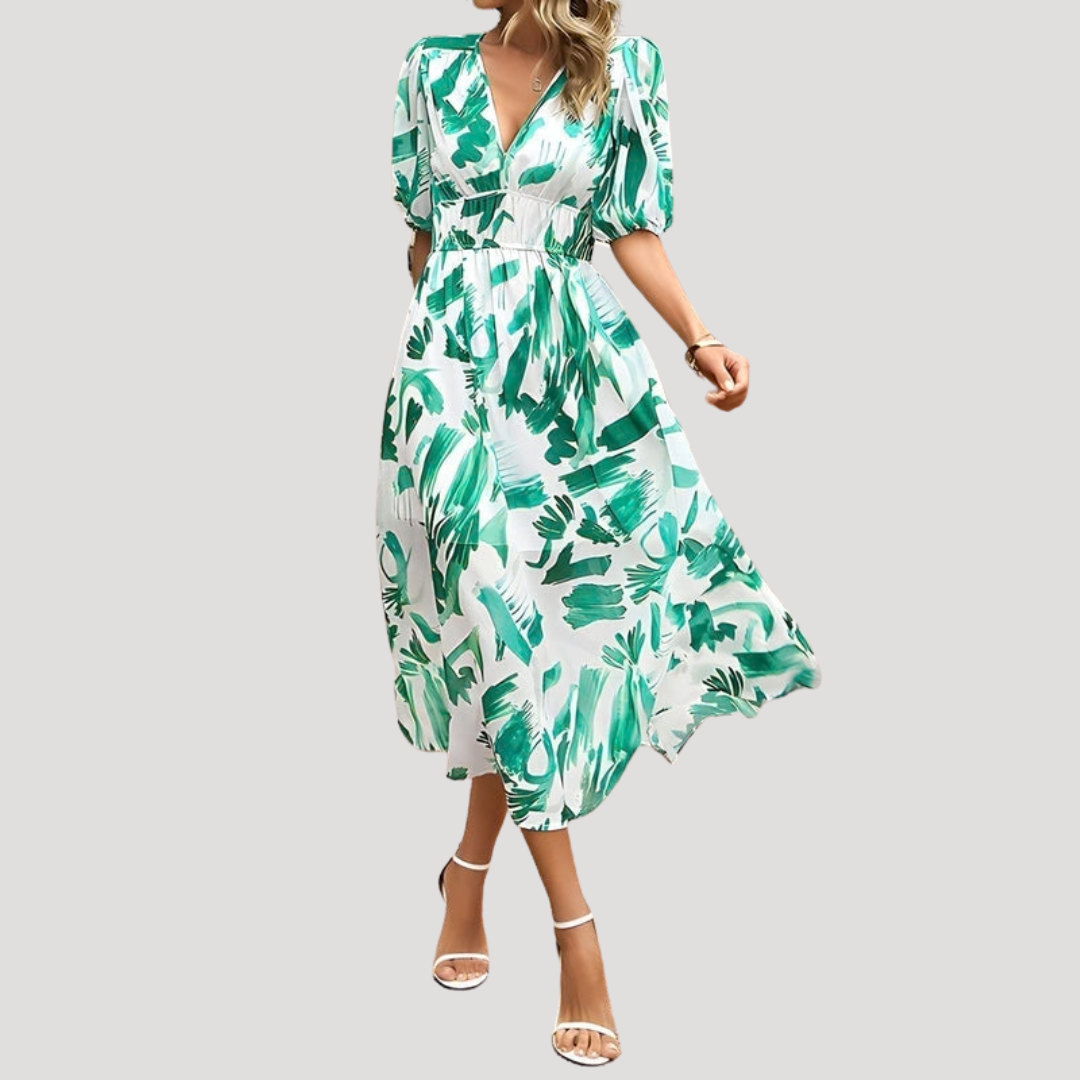 Flowy Printed Puff Sleeve Midi Dress