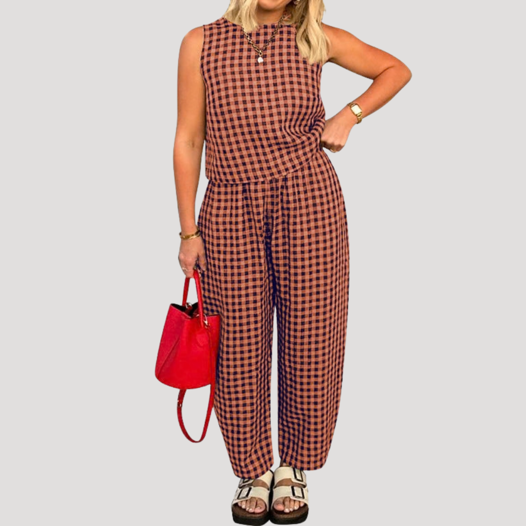 Women’s Gingham Two-Piece Wide-Leg Co-Ord Set