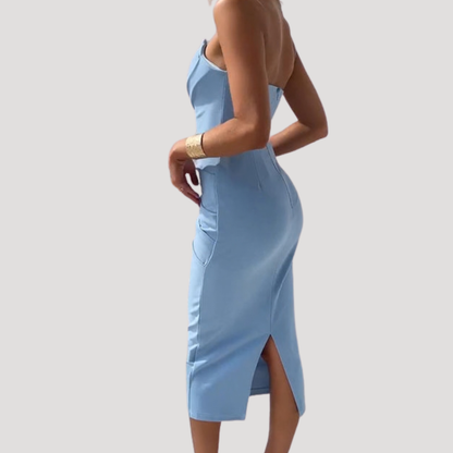 Ruched Strapless Bodycon Midi Dress for Evening Parties