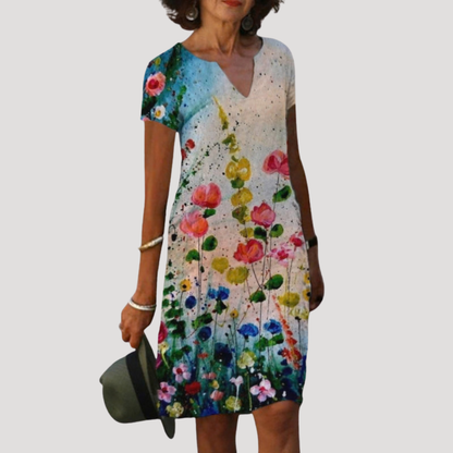 Flattering Printed Shift Dress with V-Neck