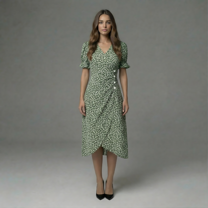 Women’s Floral Wrap Midi Dress with Short Sleeves