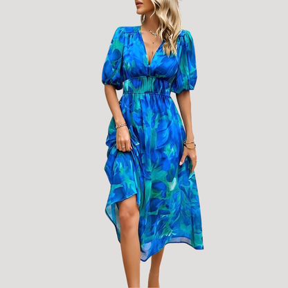 Flowy Printed Puff Sleeve Midi Dress