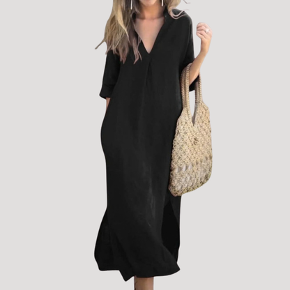 Effortless V-Neck Linen-Look Midi Dress