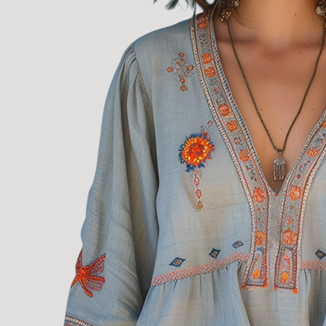 Women's Boho Floral Embroidered V-Neck Blouse