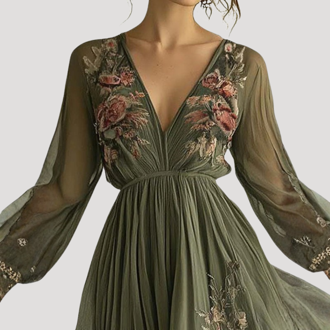 Women’s Elegant Green Floral Maxi Dress