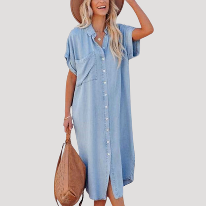 Denim Short Sleeve Midi Shirt Dress with Relaxed Fit