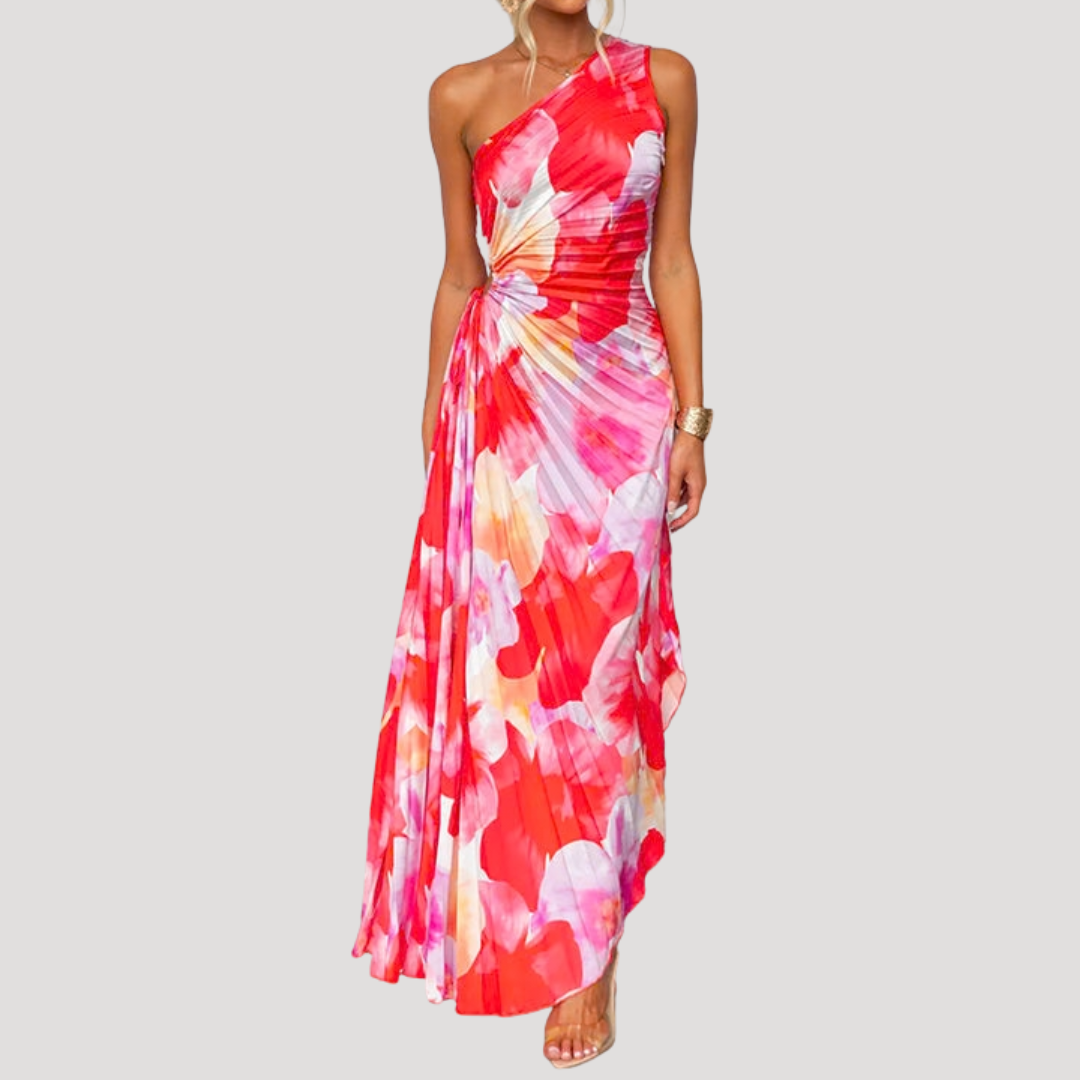 One Shoulder Floral Maxi Holiday Dress