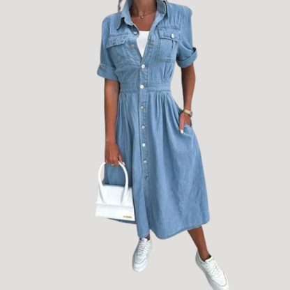 Short Sleeve Denim Midi Shirt Dress – Button Front, Cinched Waist