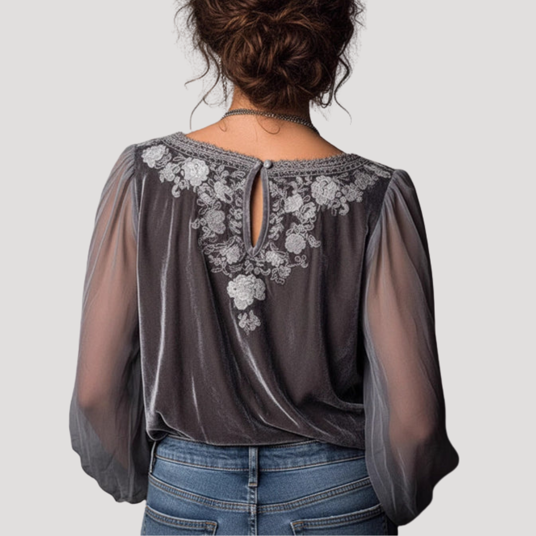 Women’s Elegant Grey Long Sleeve Lace Sheer Blouse