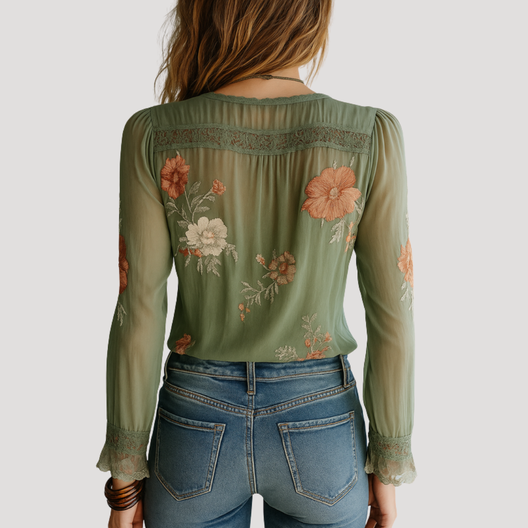 Women’s Elegant Green Long Sleeve Floral Lace Blouse