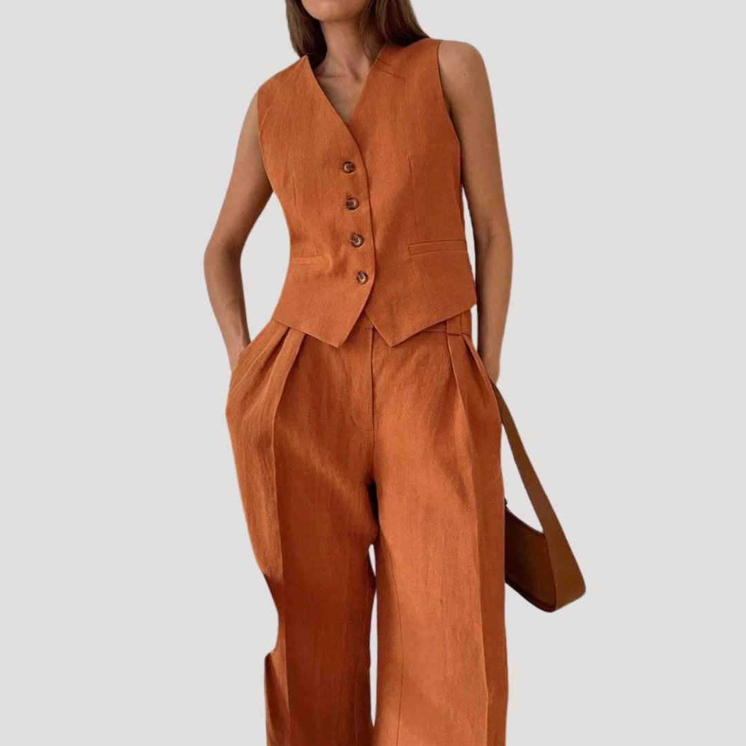 Women's Linen Blend Waistcoat Co-ord – Tailored 2 Piece Wide Leg Trouser Set