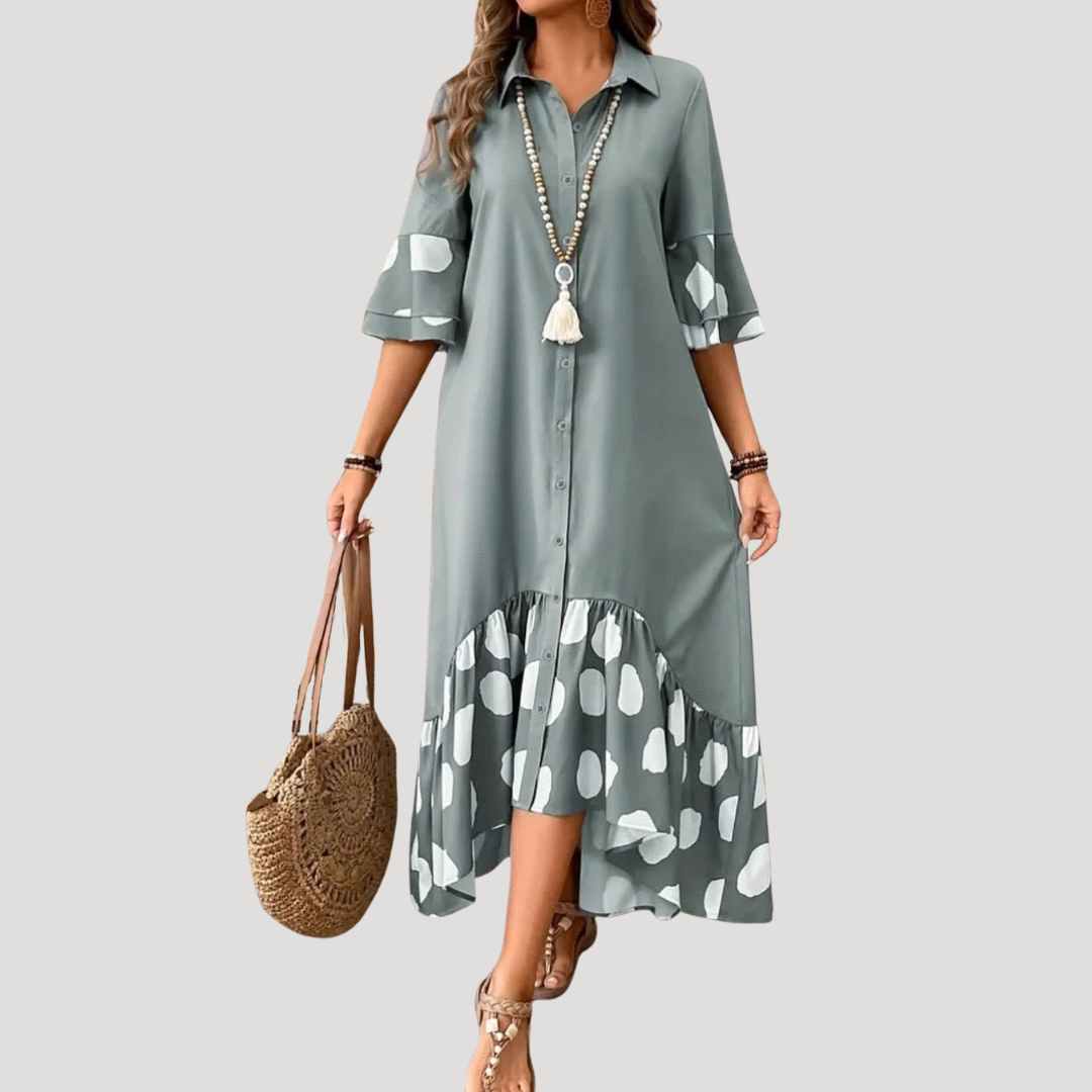 Printed Casual Maxi Shirt Dress with Flared Sleeves and Ruffle Hem