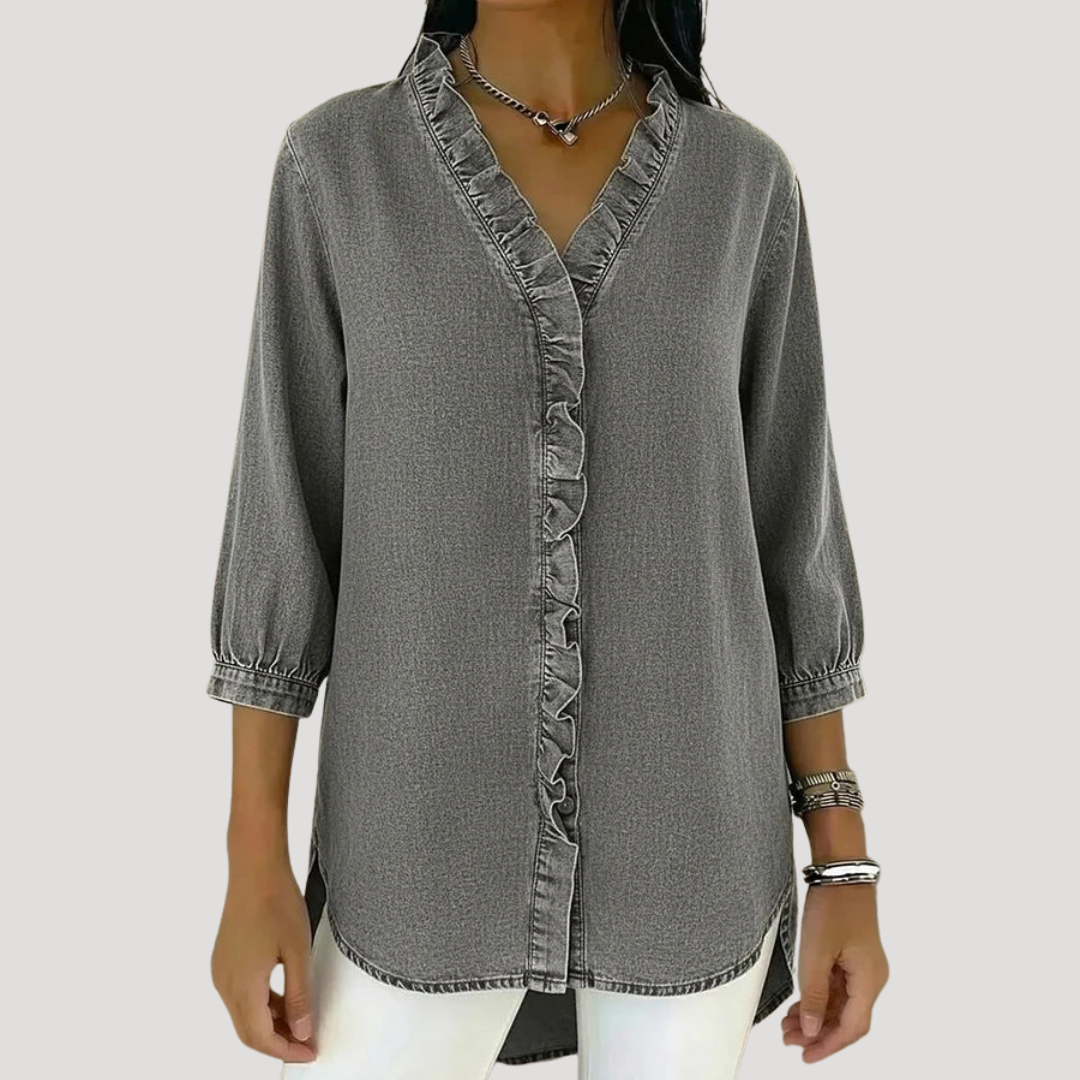 Women's Soft Denim Look Ruffle Front Blouse
