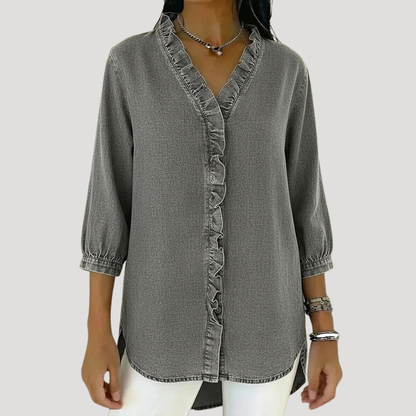 Women's Soft Denim Look Ruffle Front Blouse