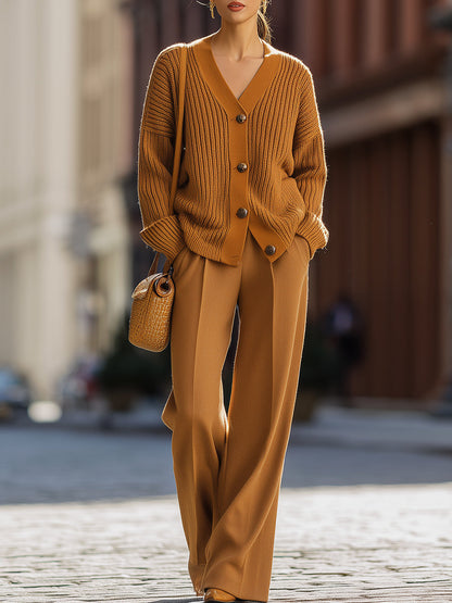 Eda - Caramel Ribbed Knit Cardigan and Wide Leg Trousers