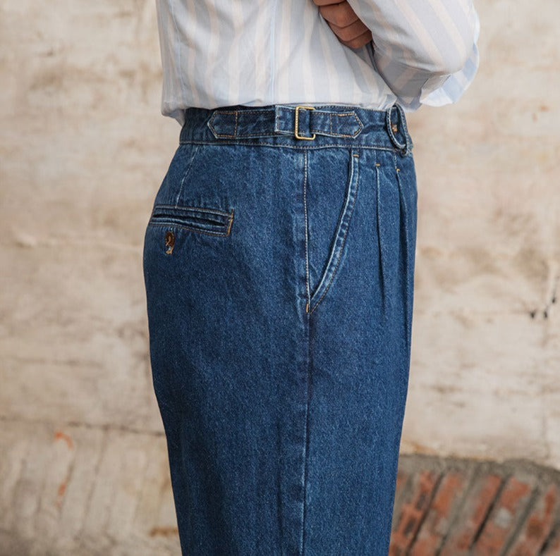 Straight Pleated Cotton Denim Trousers "Barcelona"