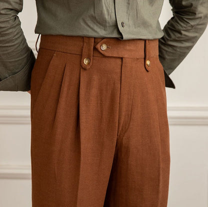 Straight Trousers with Double Pleat in Linen Blend