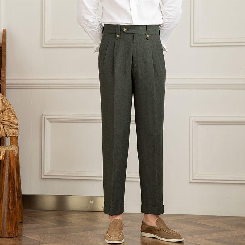 Straight Trousers with Double Pleat in Linen Blend