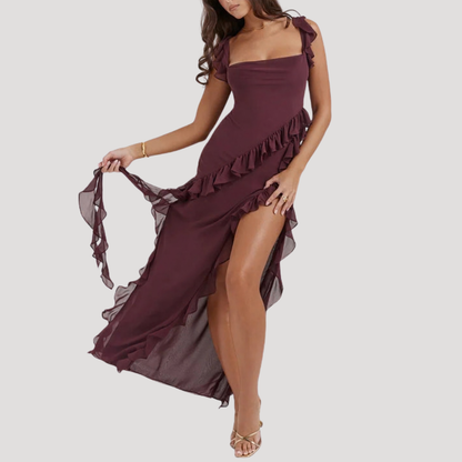 Ruffle Maxi Dress with High Slit for Elegant Evenings