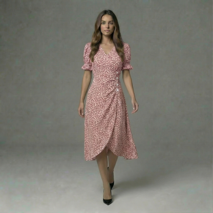 Women’s Floral Wrap Midi Dress with Short Sleeves