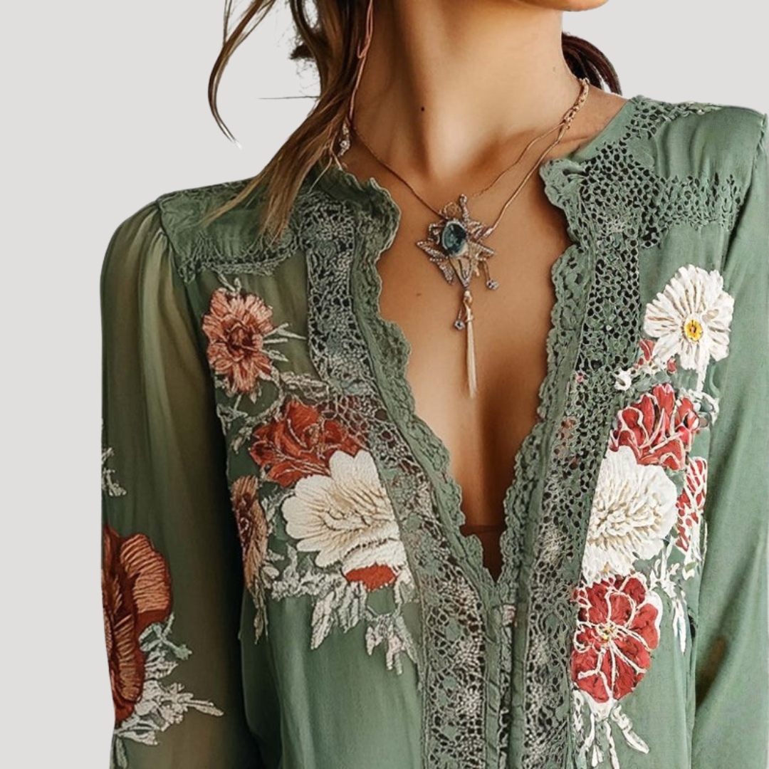 Women’s Elegant Green Long Sleeve Floral Lace Blouse