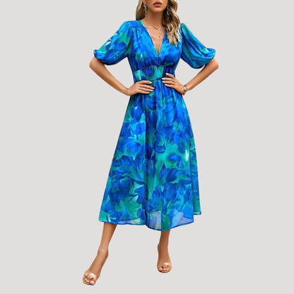 Flowy Printed Puff Sleeve Midi Dress