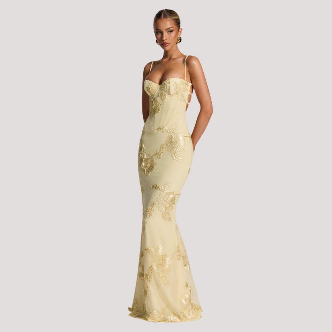 Women’s Elegant Embroidered Spaghetti Strap Evening Maxi Dress