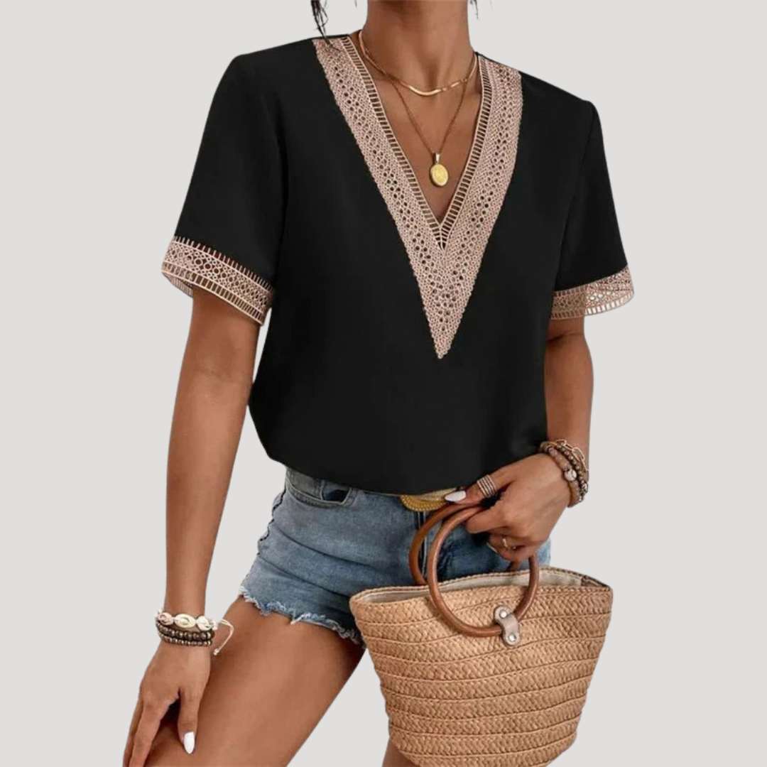 Women's Lace Trim V-Neck Summer Blouse