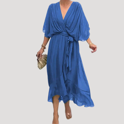 Chiffon Wrap Midi Dress with Tie Waist and Flowy Fit
