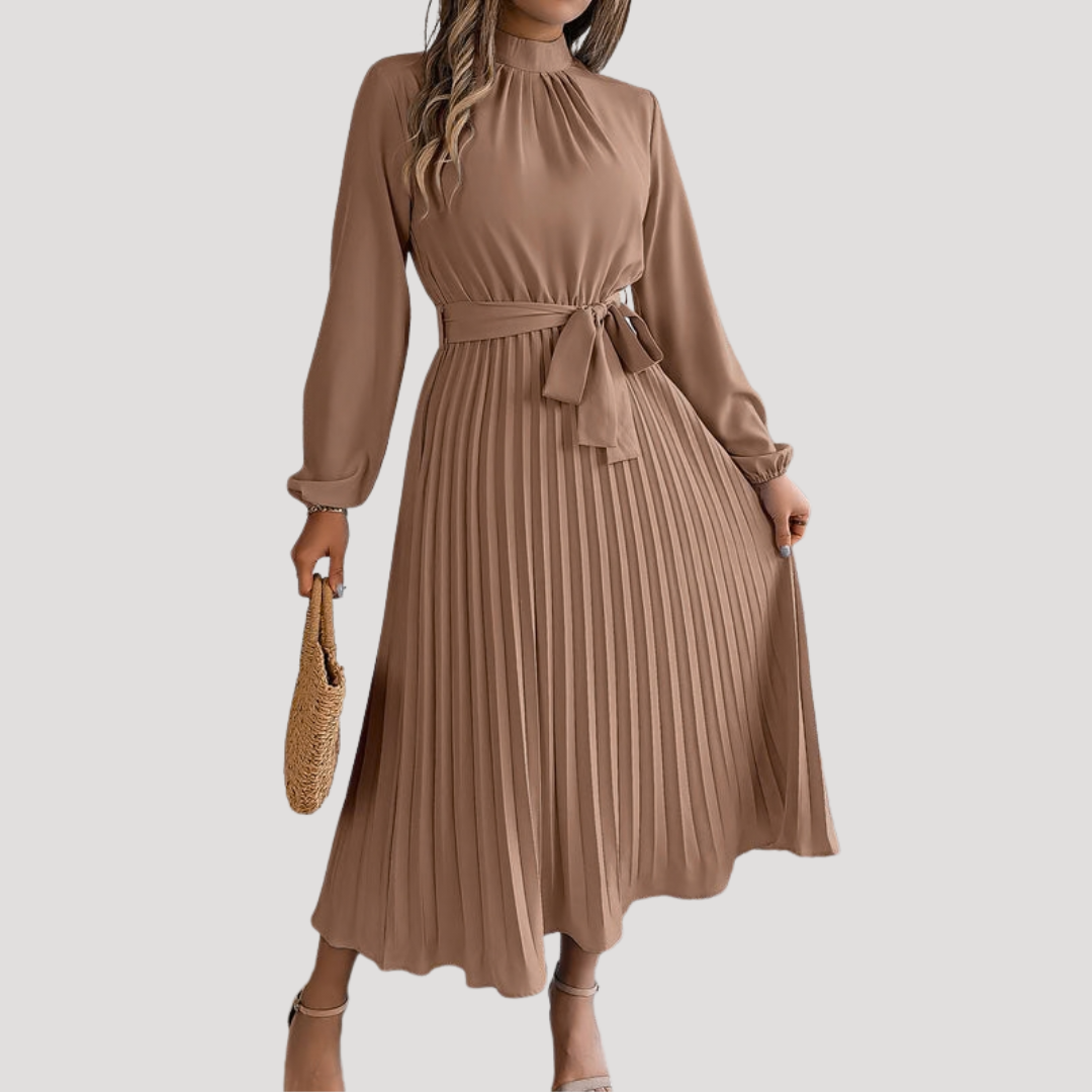 Modest Long Sleeve Pleated Belted Maxi Dress