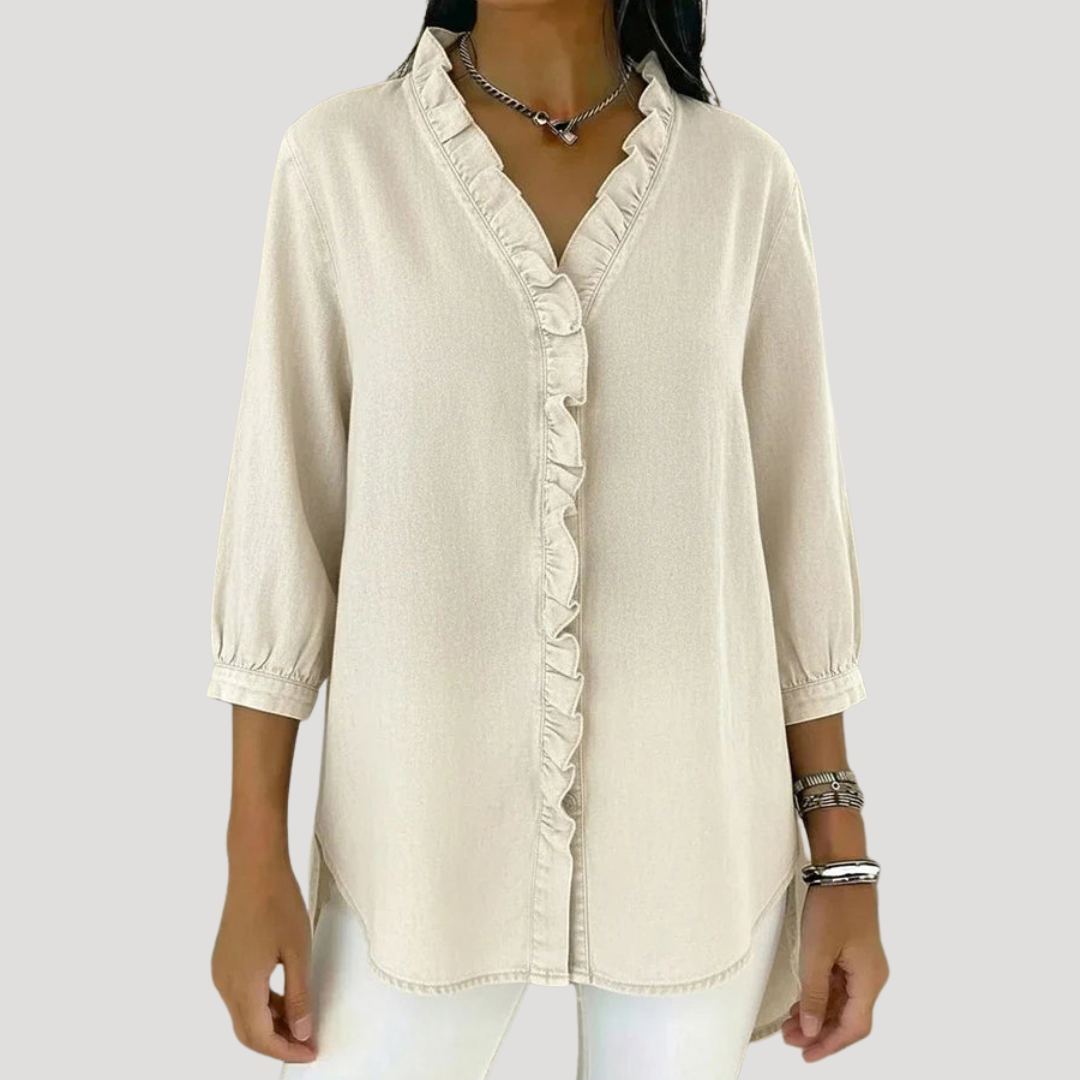 Women's Soft Denim Look Ruffle Front Blouse