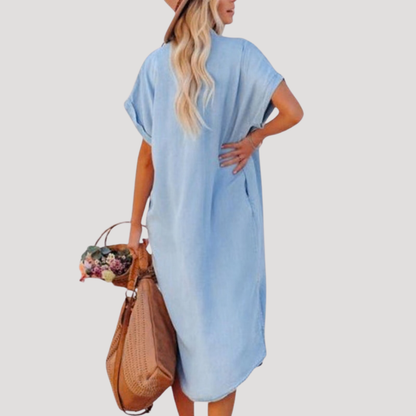 Denim Short Sleeve Midi Shirt Dress with Relaxed Fit