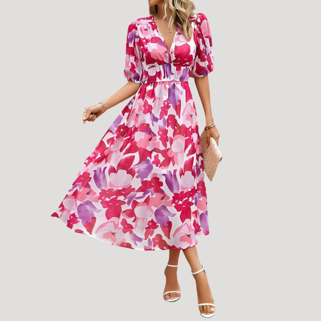 Flowy Printed Puff Sleeve Midi Dress