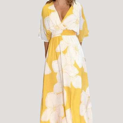 Women’s Elegant Yellow Floral Summer Maxi Dress