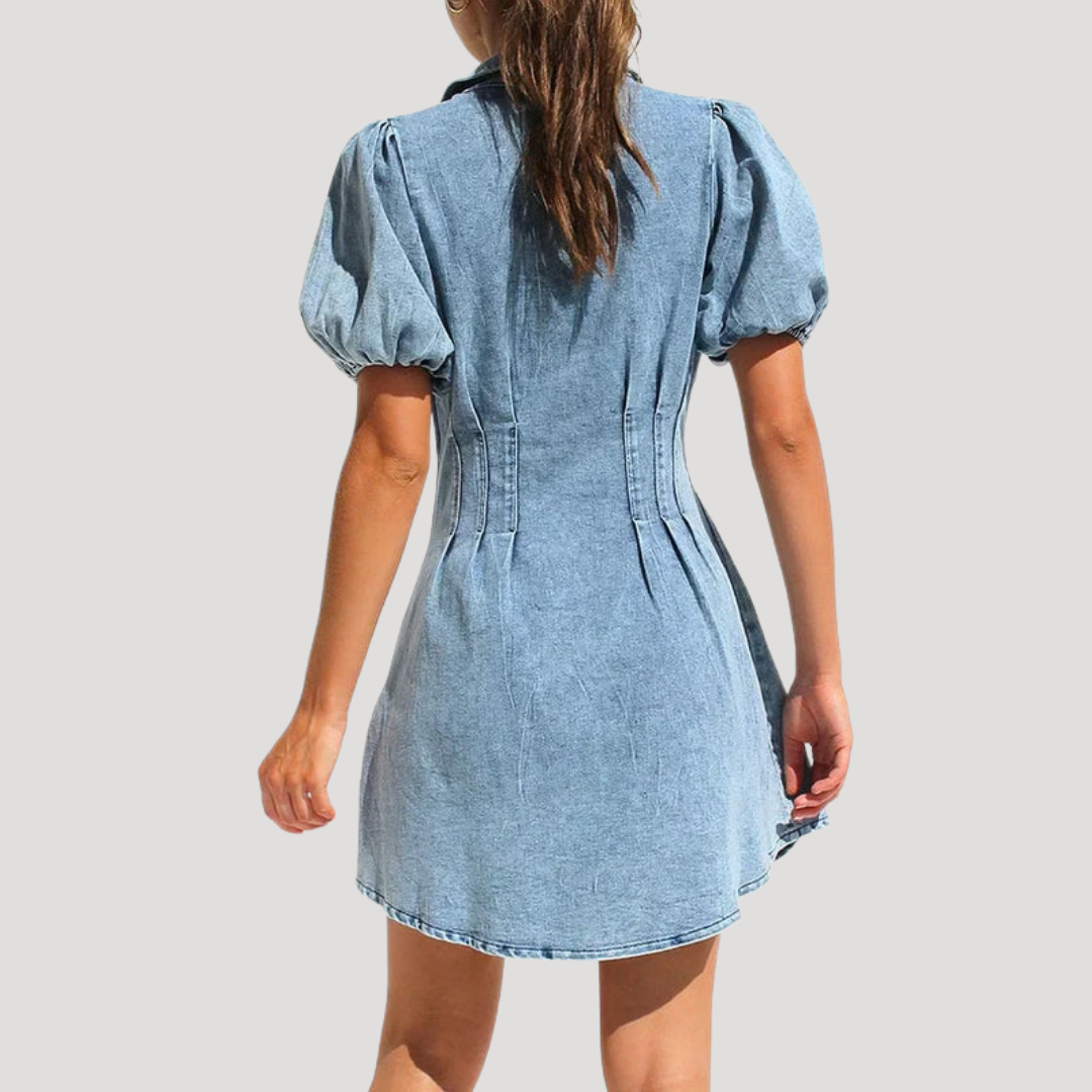 Denim Mini Dress – Puff Sleeve Button Front