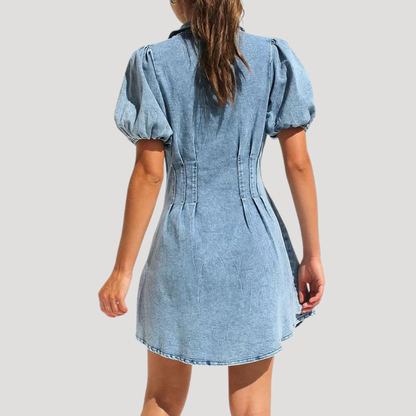 Denim Mini Dress – Puff Sleeve Button Front