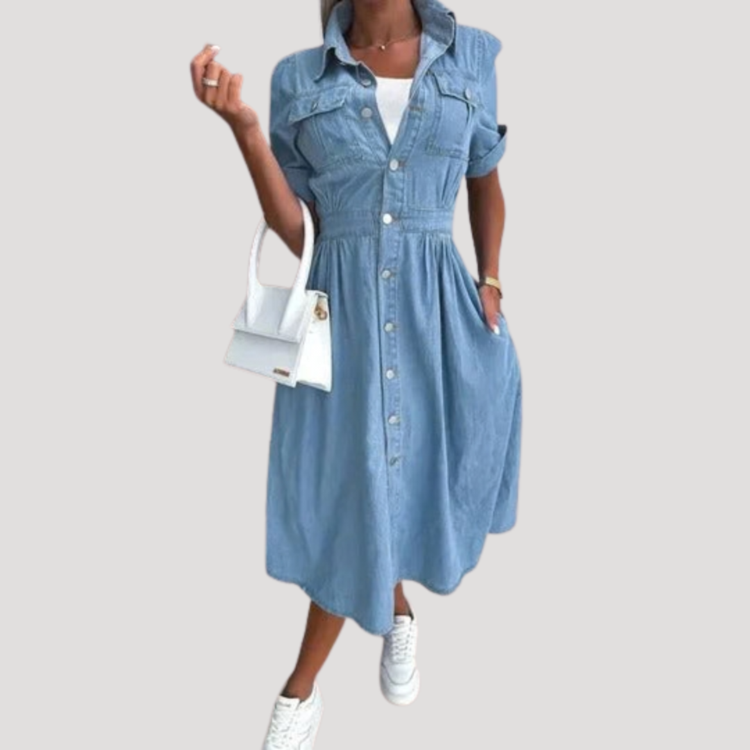 Short Sleeve Denim Midi Shirt Dress – Button Front, Cinched Waist