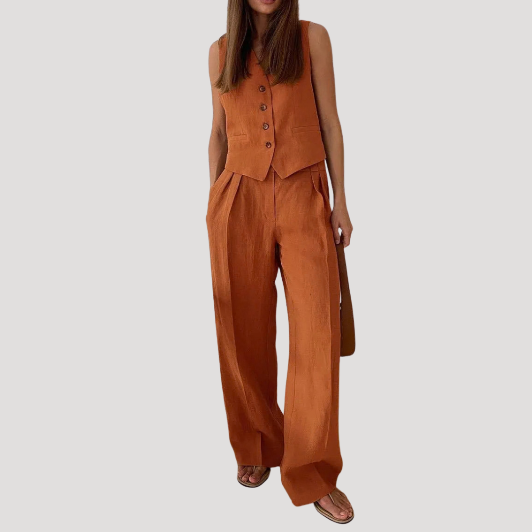 Women's Linen Blend Waistcoat Co-ord – Tailored 2 Piece Wide Leg Trouser Set